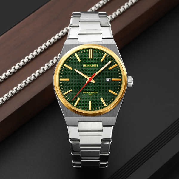 Часы наручные Skmei мужские кварцевые 9396silver-gold-green